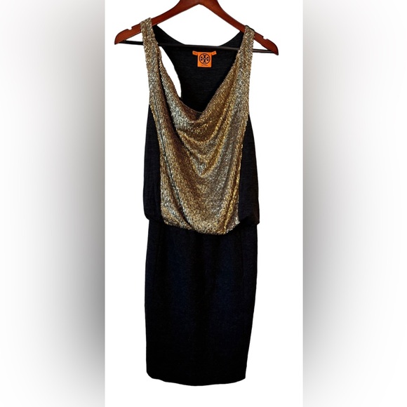Tory Burch Gray Wool Knee Length Gold Sequin Sheath Cowl Neck Dress Size XS - Picture 5 of 13
